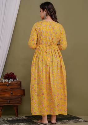 Yellow  floral printed  cotton flared maternity maxi dress 2