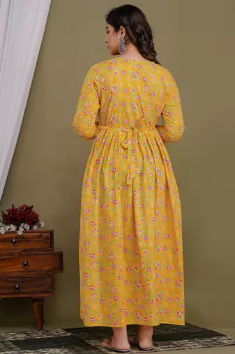 Yellow  floral printed  cotton flared maternity maxi dress