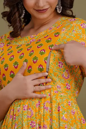 Yellow  floral printed  cotton flared maternity maxi dress