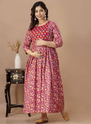 Pink  floral printed  cotton flared maternity maxi dress 1