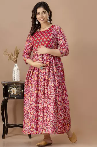Pink aaysa floral printed pure cotton flared maternity maxi dress