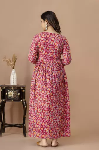 Pink  floral printed  cotton flared maternity maxi dress