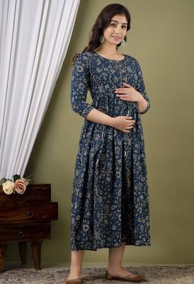 Teal blue  floral printed  cotton flared maternity maxi dress 1