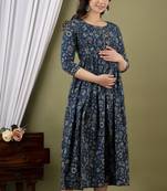 Teal blue  floral printed pure cotton flared maternity maxi dress
