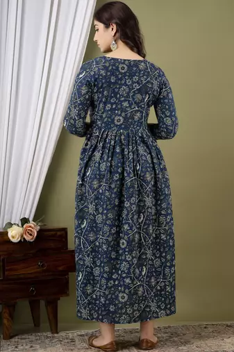 Teal blue  floral printed  cotton flared maternity maxi dress