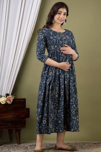 Orange aaysa floral printed pure cotton flared maternity maxi dress