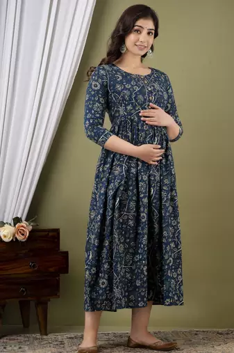 Orange aaysa floral printed pure cotton flared maternity maxi dress