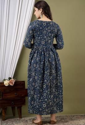 Orange  floral printed  cotton flared maternity maxi dress 2
