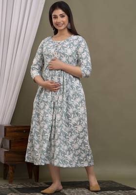 Sea green  floral printed  cotton flared maternity maxi dress 1