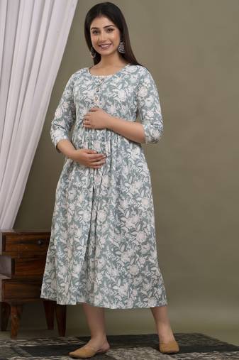 Sea green aaysa floral printed pure cotton flared maternity maxi dress