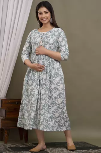 Sea green aaysa floral printed pure cotton flared maternity maxi dress