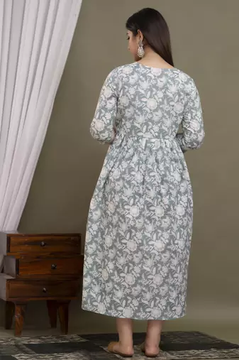 Sea green  floral printed  cotton flared maternity maxi dress