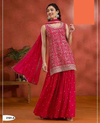 Pink georgette Embroidered Salwar suit-Full Stitched Free size 1
