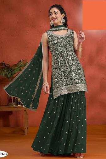 Dark green georgette semi stitched wedding suits