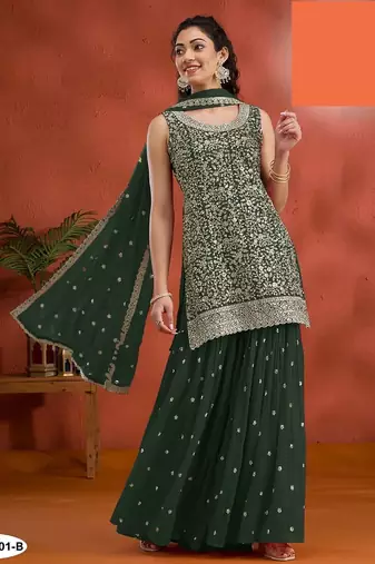 Dark green georgette semi stitched wedding suits