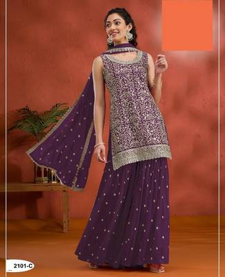Dark purple georgette Embroidered Salwar suit-Full Stitched Free size 1