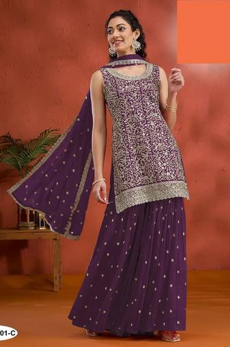 Dark purple georgette semi stitched wedding suits
