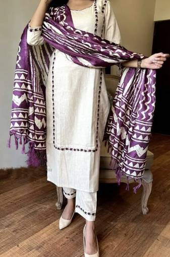 Off White Cotton Kurta Set with Purple Ikat Dupatta