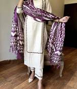 Off White Cotton Kurta Set with Purple Ikat Dupatta