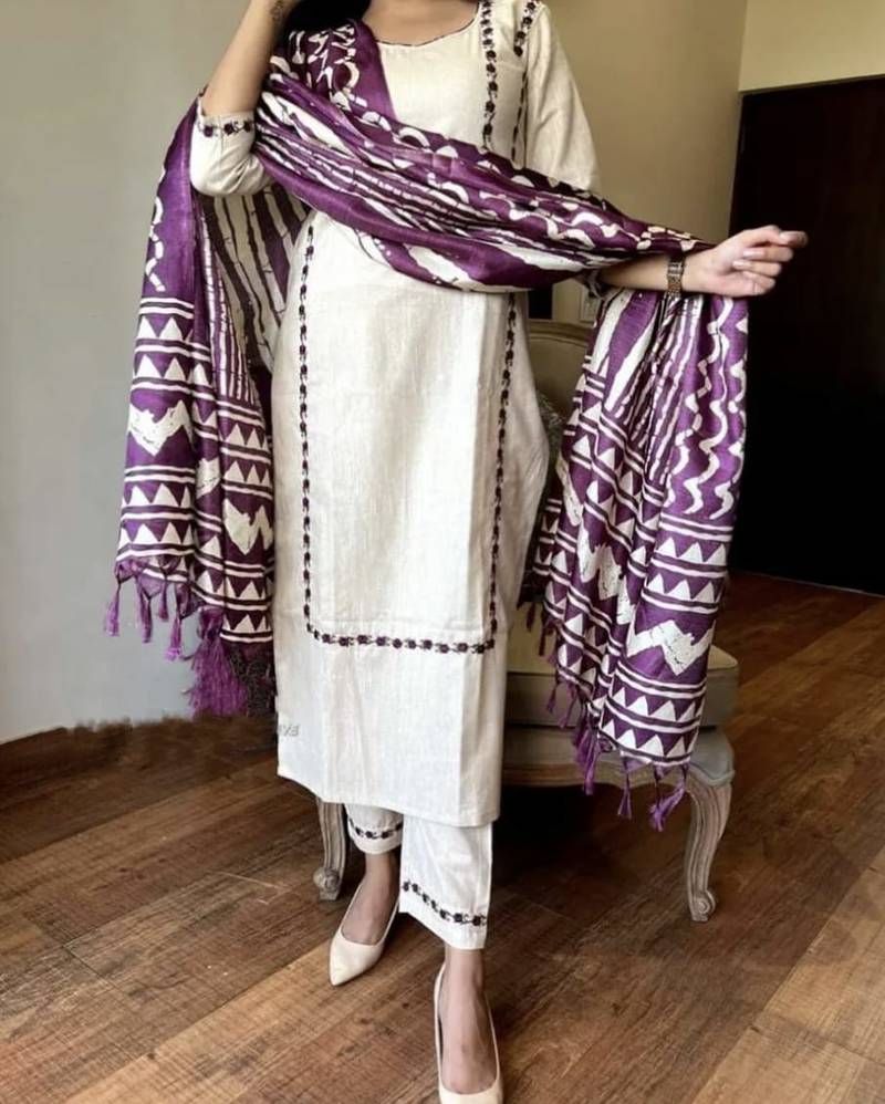 Off White Cotton Kurta Set with Purple Ikat Dupatta