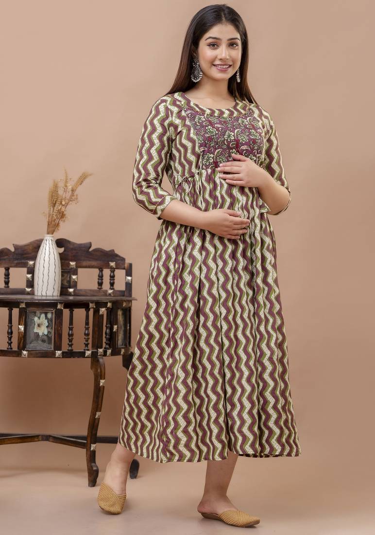 Maroon aaysa floral printed pure cotton flared maternity maxi dress