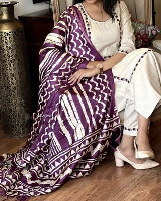 Beige Cotton Kurta Set with Purple Ikat Dupatta 2