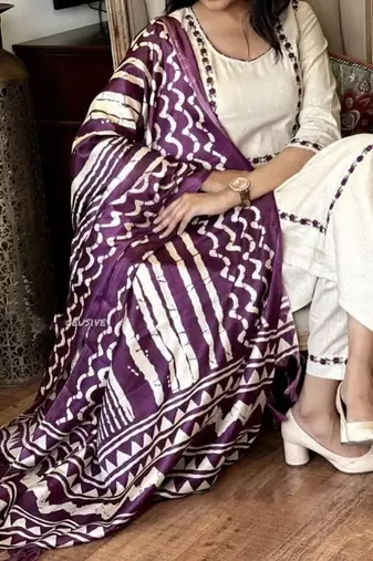 Beige Cotton Kurta Set with Purple Ikat Dupatta