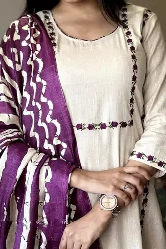 Beige Cotton Kurta Set with Purple Ikat Dupatta