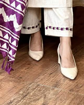 Beige Cotton Kurta Set with Purple Ikat Dupatta 4