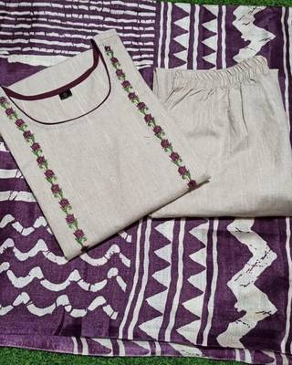 Beige Cotton Kurta Set with Purple Ikat Dupatta 5