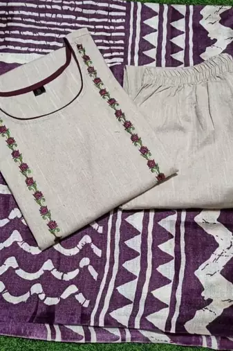 Beige Cotton Kurta Set with Purple Ikat Dupatta