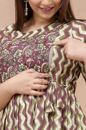 Maroon  floral printed  cotton flared maternity maxi dress