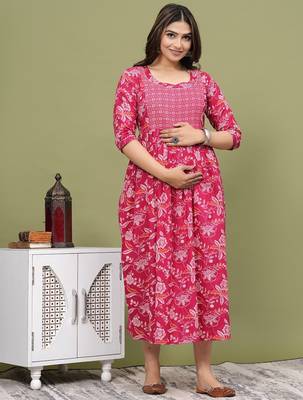 Pink  floral printed  cotton flared maternity maxi dress 1