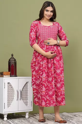 Pink aaysa floral printed pure cotton flared maternity maxi dress