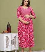 Pink  floral printed pure cotton flared maternity maxi dress
