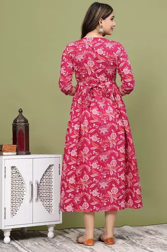 Pink  floral printed  cotton flared maternity maxi dress