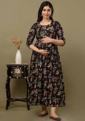 Black  floral printed  cotton flared maternity maxi dress 1