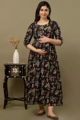 Black aaysa floral printed pure cotton flared maternity maxi dress