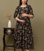 Black  floral printed pure cotton flared maternity maxi dress