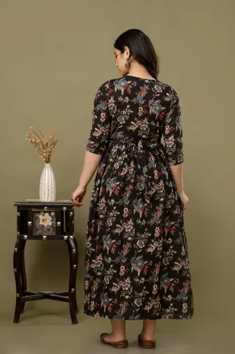 Black  floral printed  cotton flared maternity maxi dress
