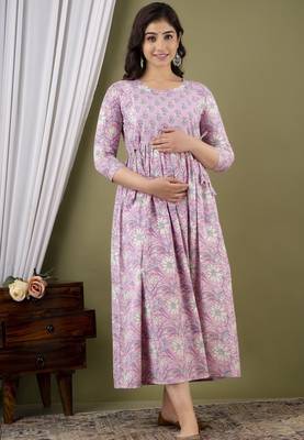 Light pink  floral printed  cotton flared maternity maxi dress 1