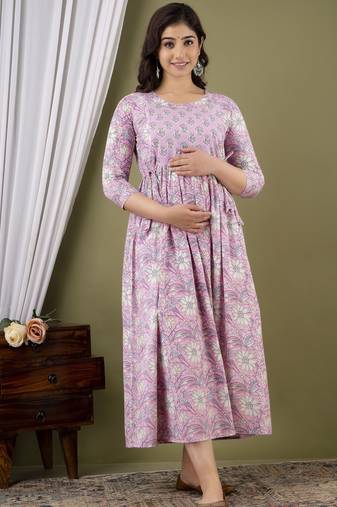 Light pink aaysa floral printed pure cotton flared maternity maxi dress