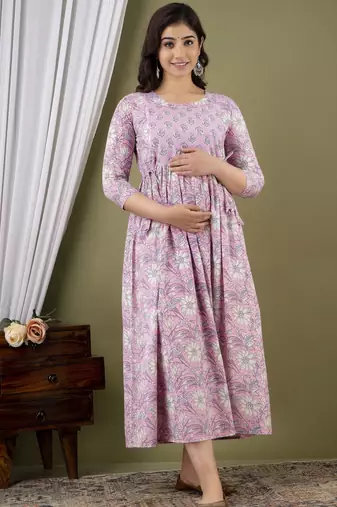 Light pink aaysa floral printed pure cotton flared maternity maxi dress