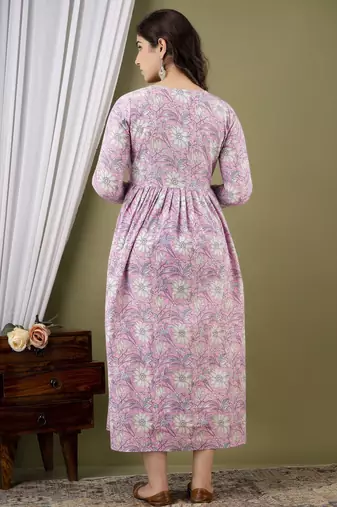 Light pink  floral printed  cotton flared maternity maxi dress