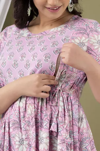 Light pink  floral printed  cotton flared maternity maxi dress