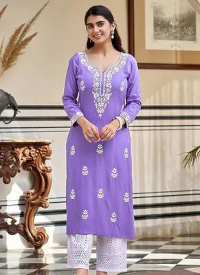 Women's  Chikankari work Pure Rayon Straight Kurta Pant Set 1