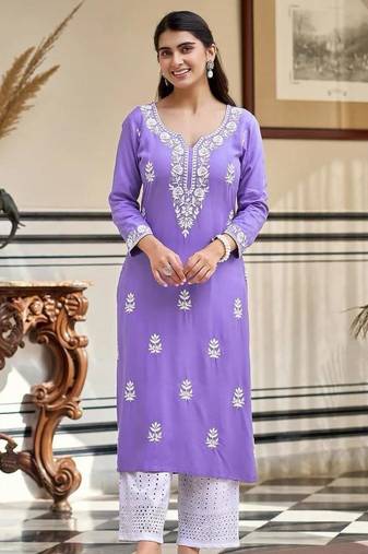 Women's Gorgeous Chikankari work Pure Rayon Fabric Straight Kurta, Pant Set