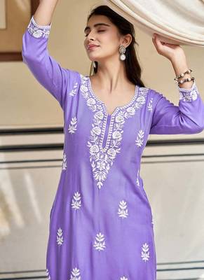 Women's  Chikankari work Pure Rayon Straight Kurta Pant Set 2