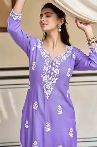 Women's  Chikankari work Pure Rayon Straight Kurta Pant Set