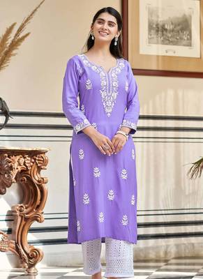 Women's  Chikankari work Pure Rayon Straight Kurta Pant Set 3